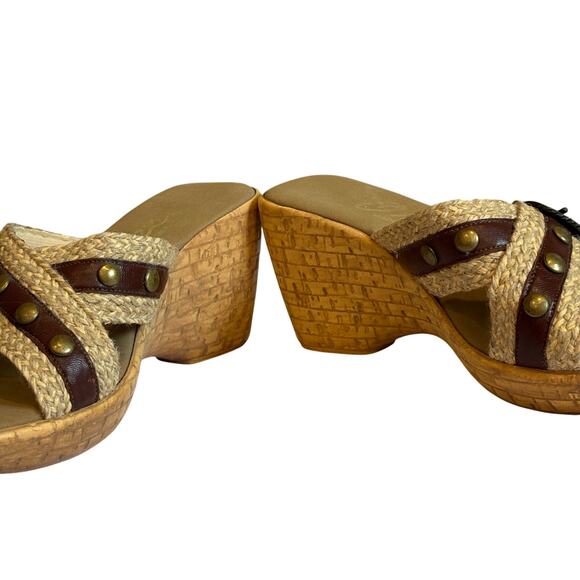 Onex Sandal Wedges Size 6.5 M Black Buckle Studs Woven Hemp 3" Cork Heel - Picture 6 of 8
